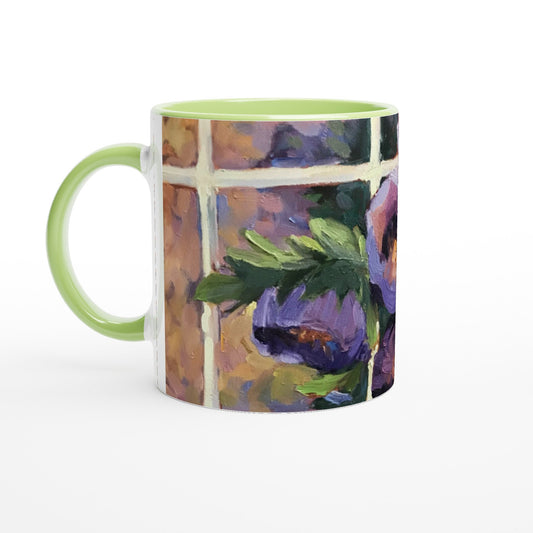 11oz White Ceramic Mug with Color Inside | Coffee Cup with 'Purple Flowers' Artwork by American Artist Barbara Cleary