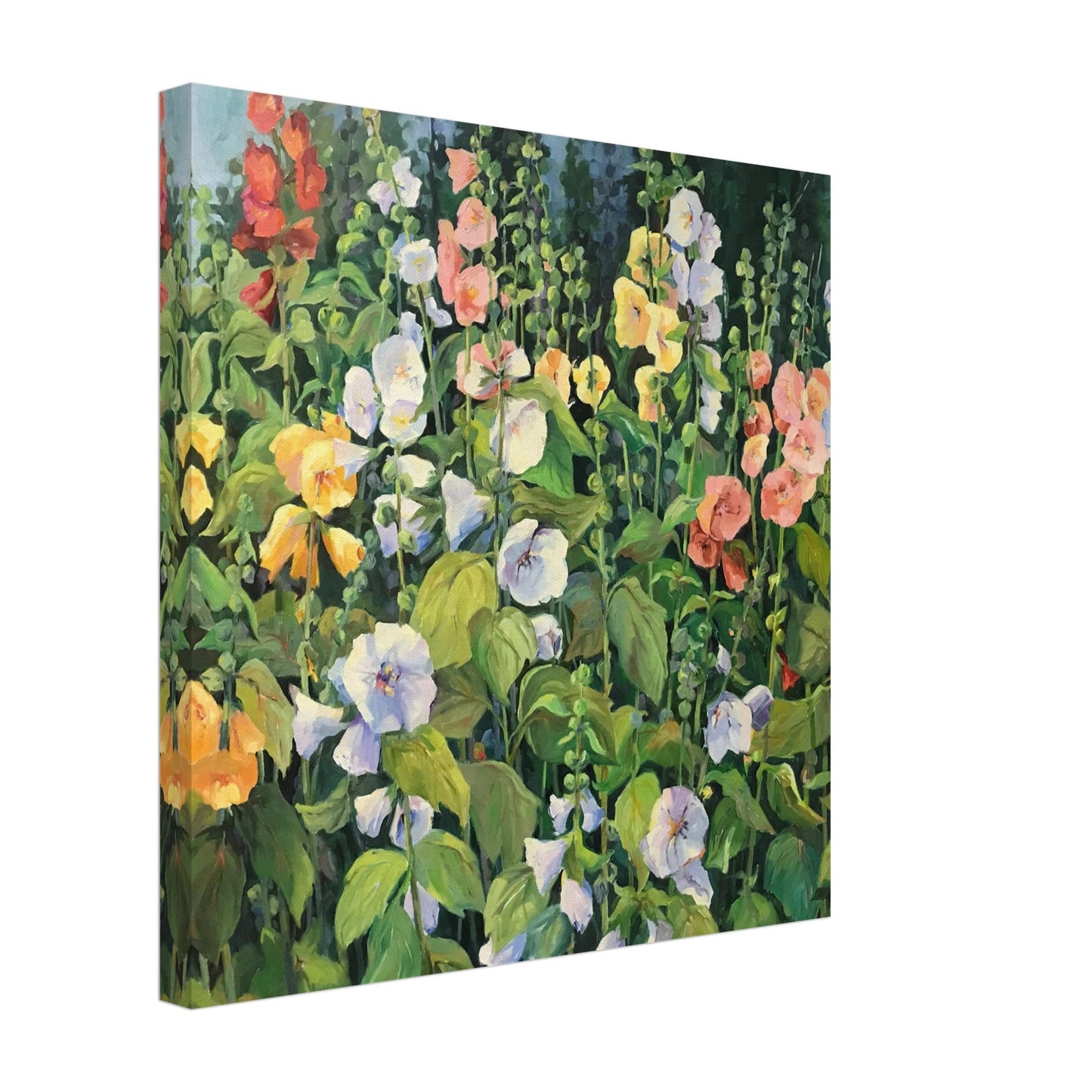 'Hollyhocks' Floral I 16x16 inch Art Print on Canvas I Original Artwork by American Artist Barbara Cleary