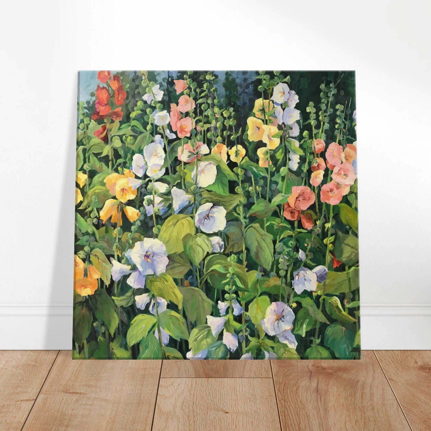 'Hollyhocks' Floral I 16x16 inch Art Print on Canvas I Original Artwork by American Artist Barbara Cleary