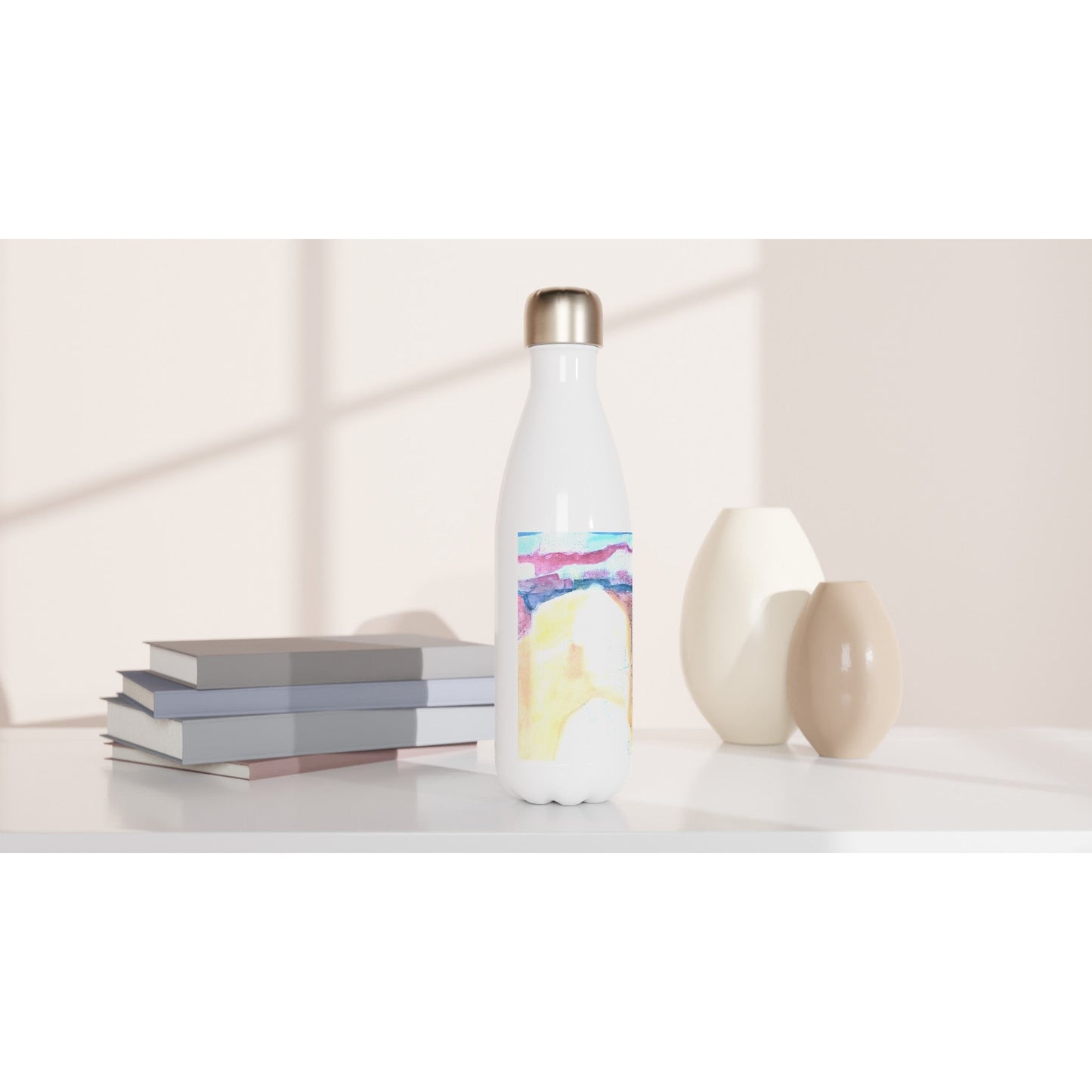 17oz White Stainless Steel Bottle with 'Southwest Mixed Media' Abstract Artwork by American Artist Barbara Cleary