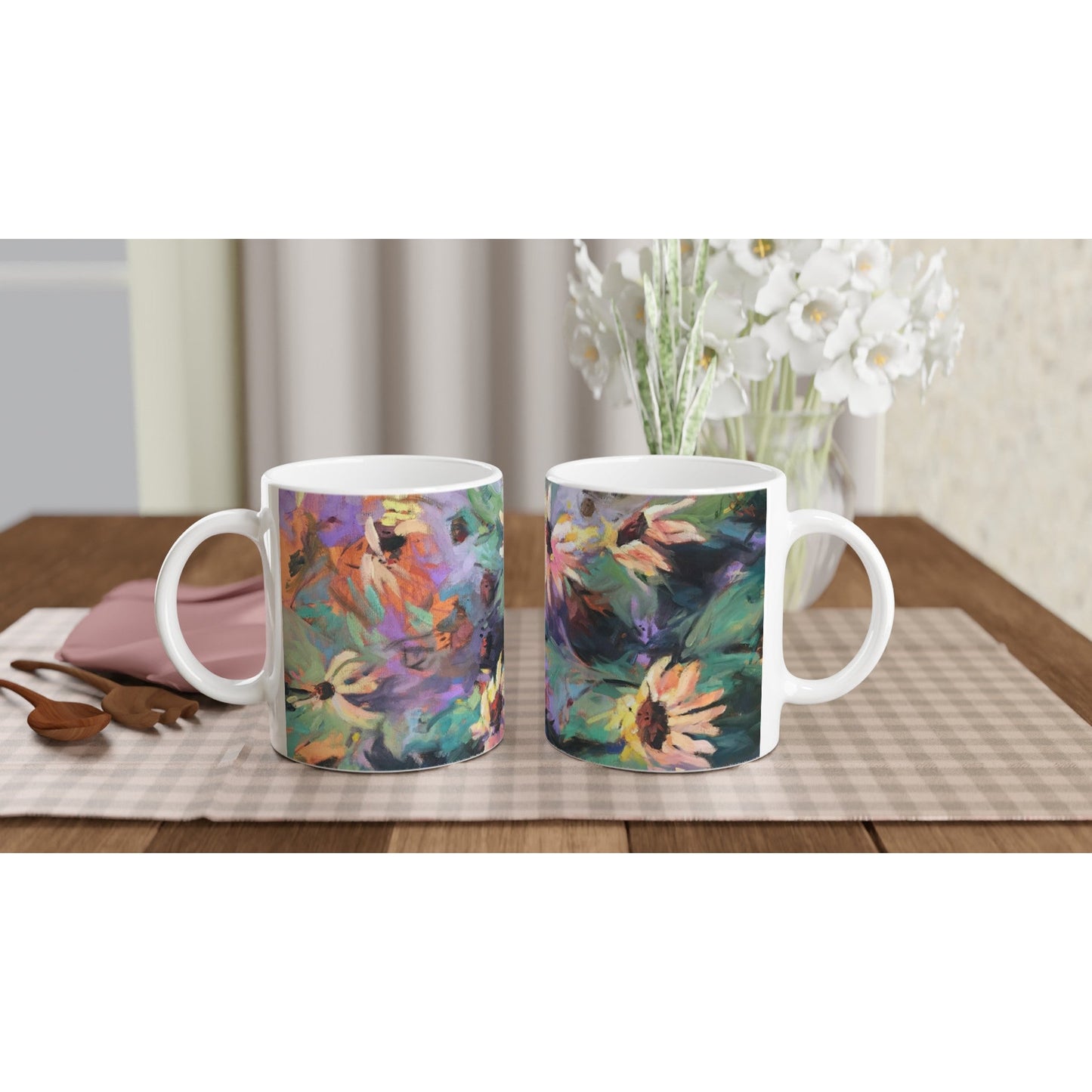 11oz White Ceramic Mug | Coffee Cup with 'Eastern Light Wildflowers' Floral Artwork by American Artist Barbara Cleary