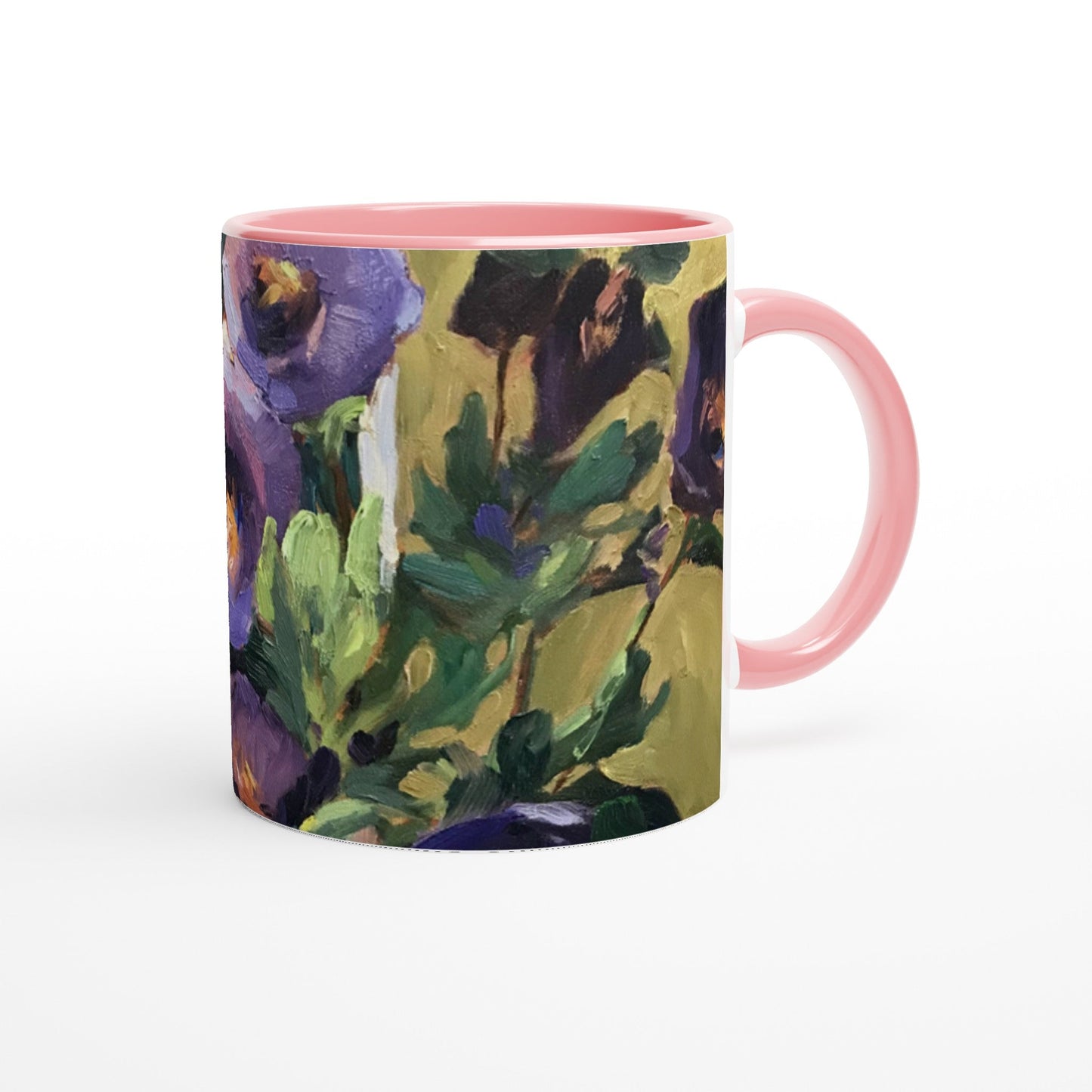 11oz White Ceramic Mug with Color Inside | Coffee Cup with 'Purple Flowers' Artwork by American Artist Barbara Cleary