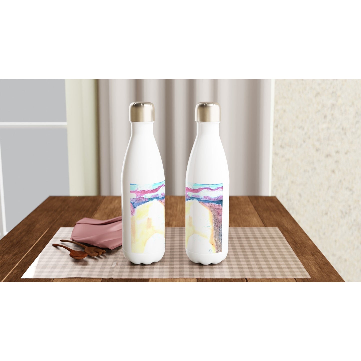17oz White Stainless Steel Bottle with 'Southwest Mixed Media' Abstract Artwork by American Artist Barbara Cleary