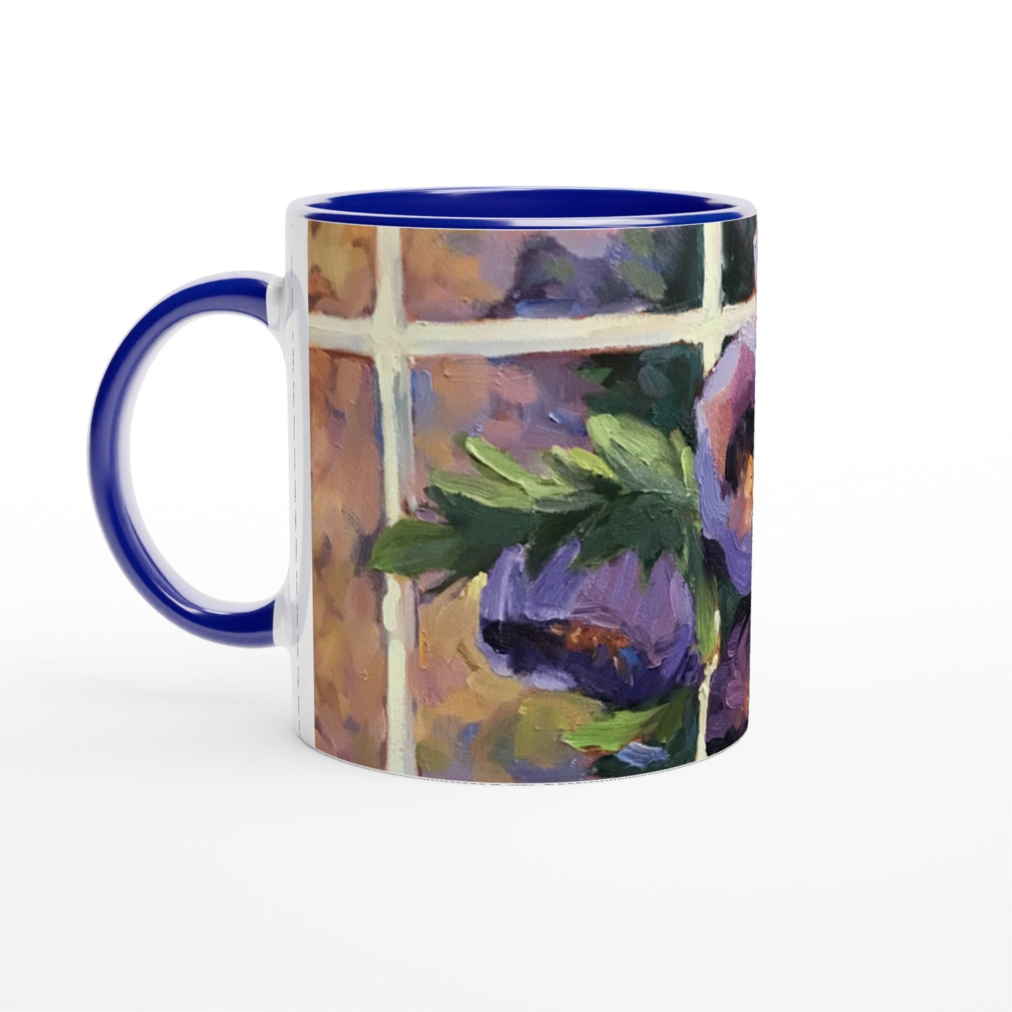 11oz White Ceramic Mug with Color Inside | Coffee Cup with 'Purple Flowers' Artwork by American Artist Barbara Cleary
