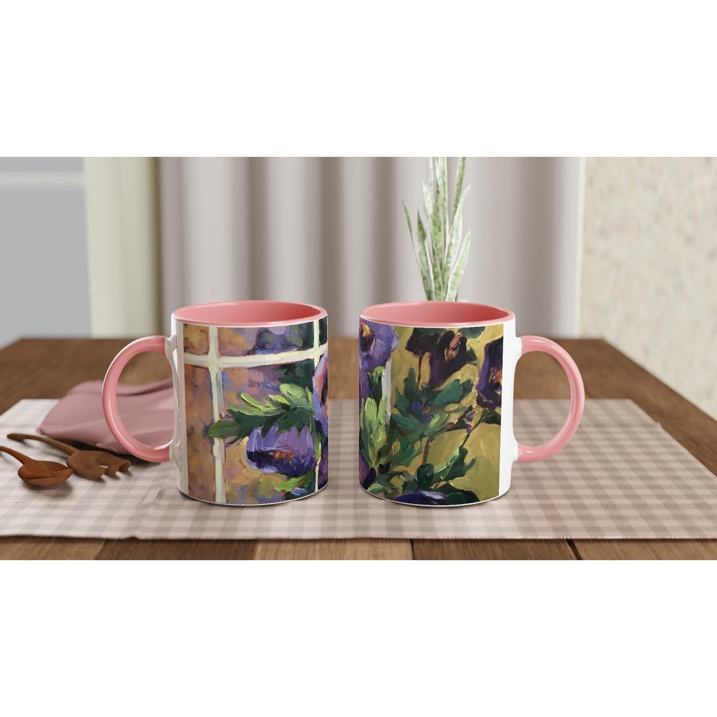 11oz White Ceramic Mug with Color Inside | Coffee Cup with 'Purple Flowers' Artwork by American Artist Barbara Cleary