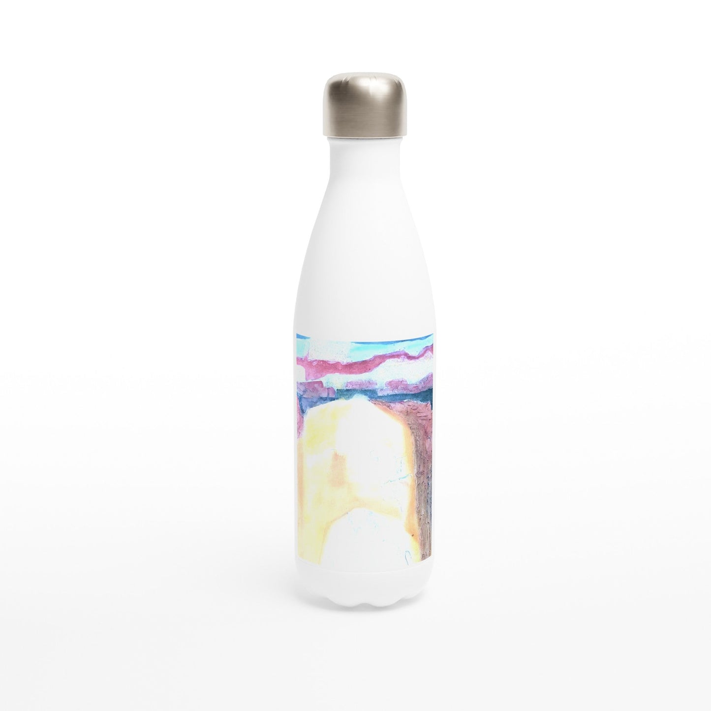 17oz White Stainless Steel Bottle with 'Southwest Mixed Media' Abstract Artwork by American Artist Barbara Cleary