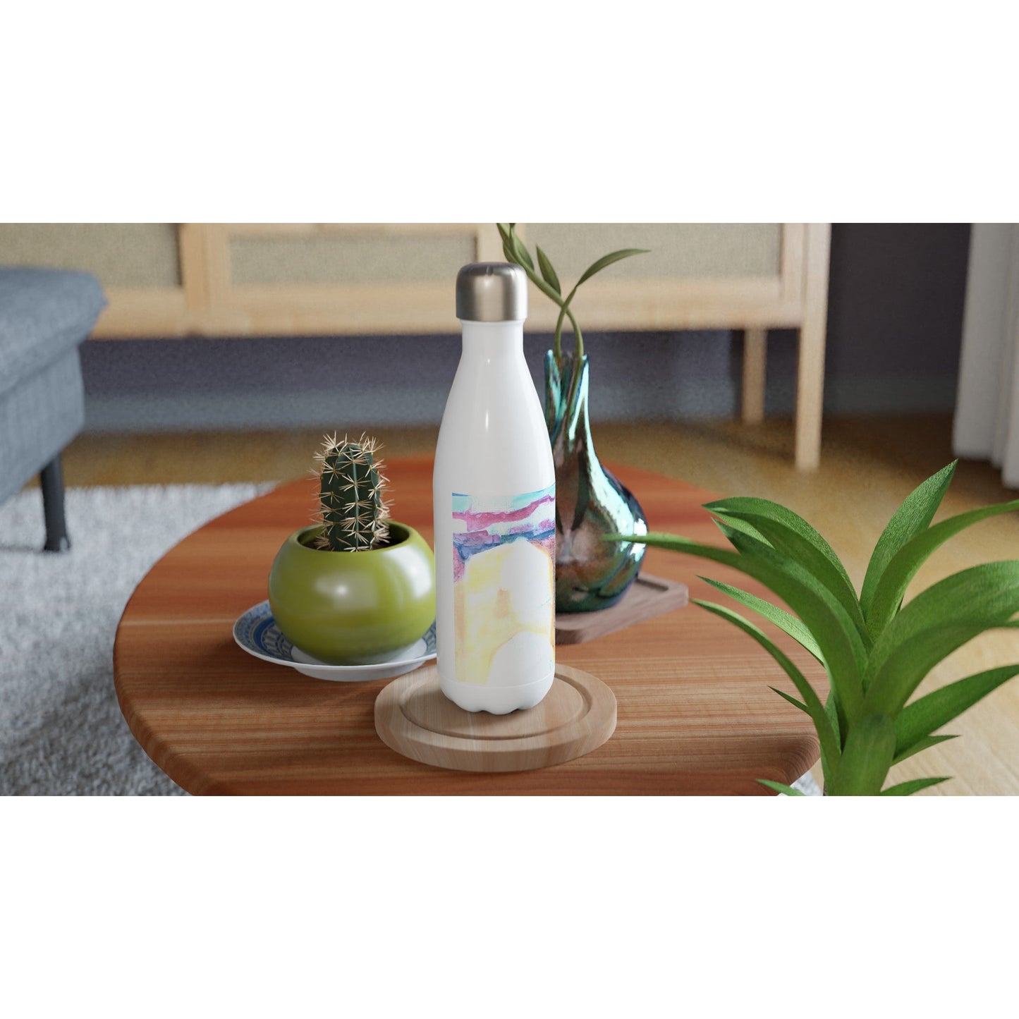 17oz White Stainless Steel Bottle with 'Southwest Mixed Media' Abstract Artwork by American Artist Barbara Cleary