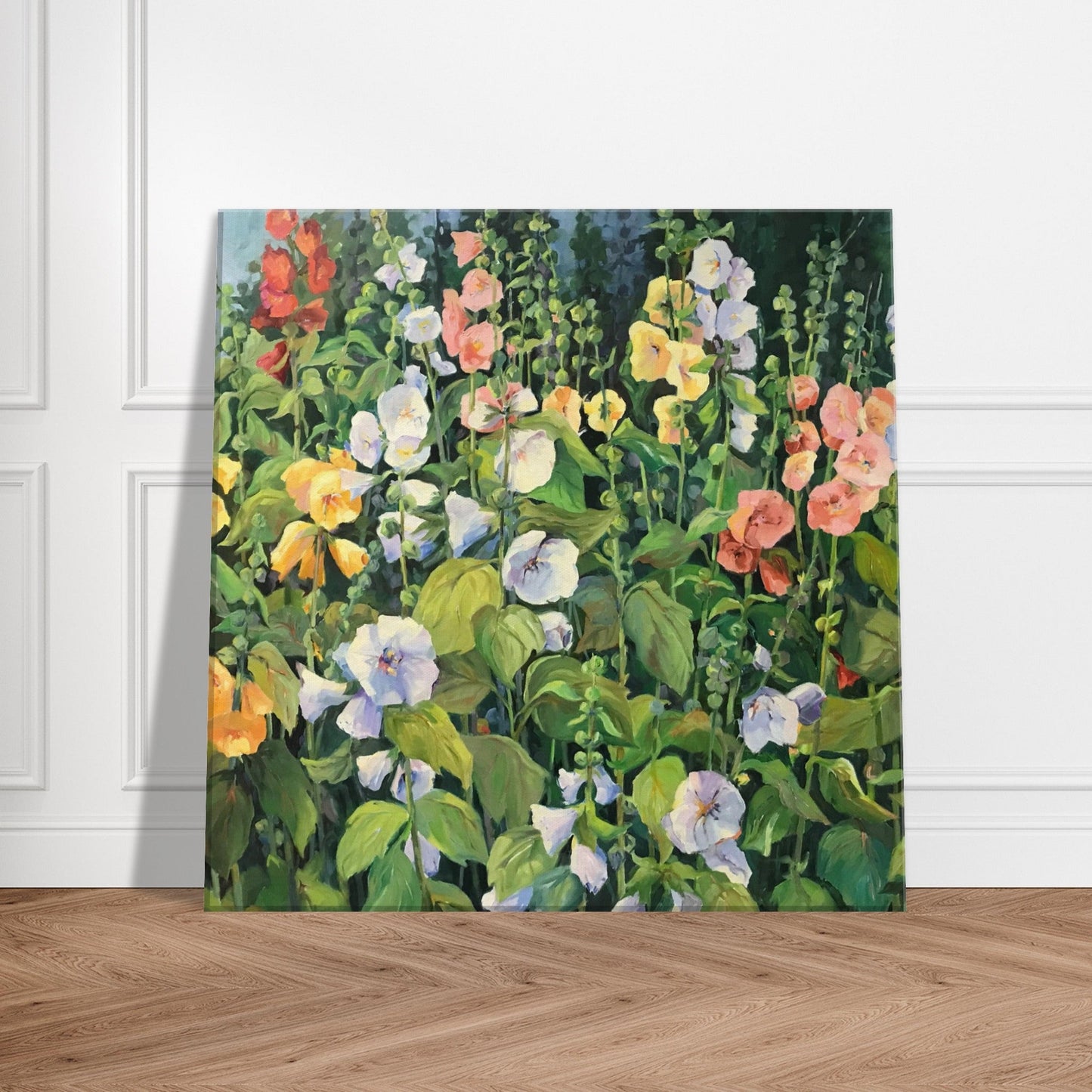 'Hollyhocks' Floral I 16x16 inch Art Print on Canvas I Original Artwork by American Artist Barbara Cleary