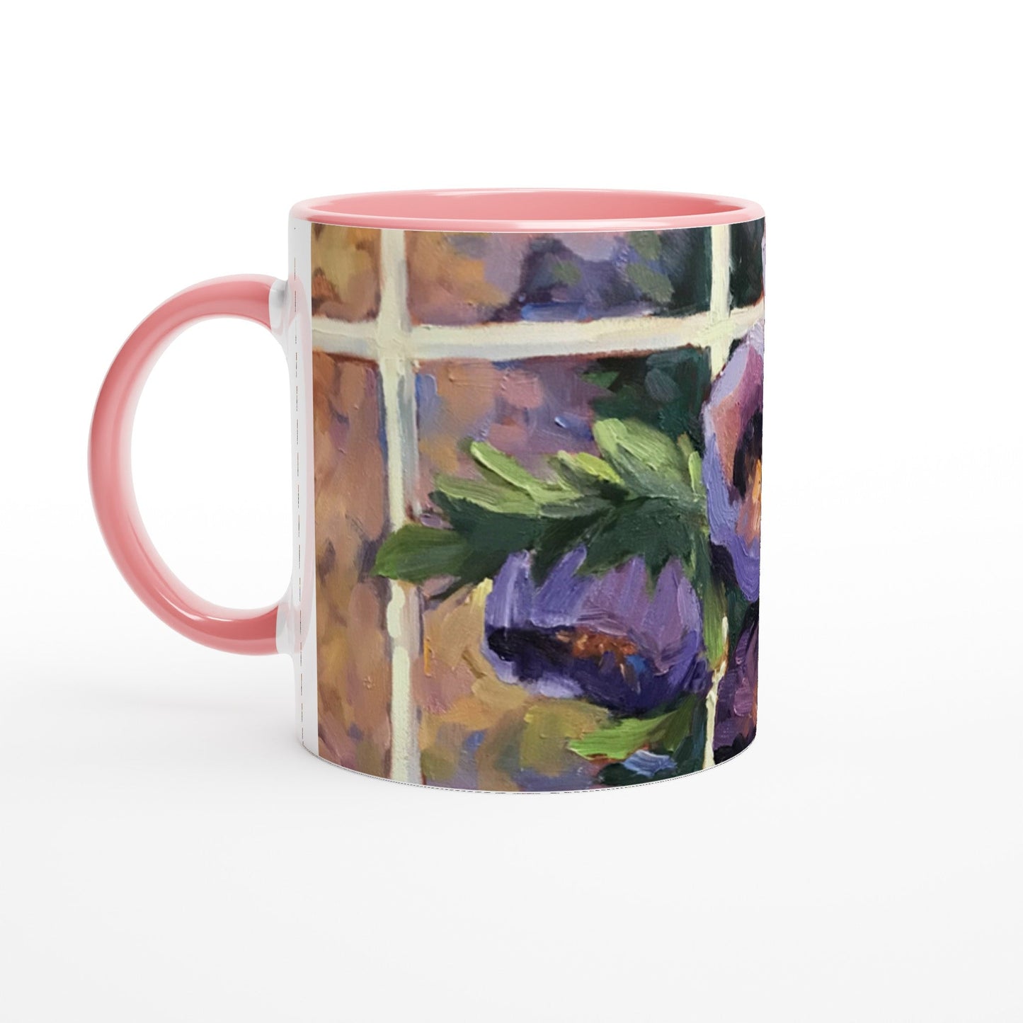 11oz White Ceramic Mug with Color Inside | Coffee Cup with 'Purple Flowers' Artwork by American Artist Barbara Cleary